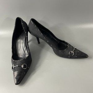 Authentic Gucci Heels Courts Logo Monogram Black Pointed Toe Horsebit, 8.5 B